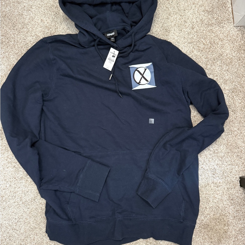 EXPRESS MEN’S Navy Blue Hoodie with Graphic Logo Size L Tall NWT